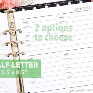 PRINTED Contacts info insert - Address list refills - Half letter planner insert - Half letter size fits A5 planners - 34H