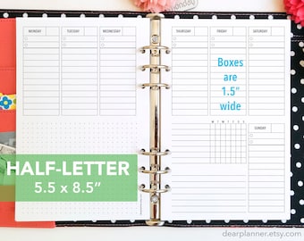 PRINTED Undated Week on 2 Page - Wo2P vertical with half boxes - Weekly planner insert - Half letter to fit A5 binders - 27H