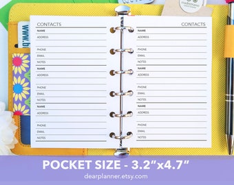 PRINTED Contact List Insert - Address list refills - Pocket size planner refill - K-34