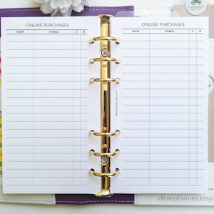 May include: A white printable planner page with the title "Online Purchases" and columns for "Shop", "Items", "S", and "R". The page is in a purple and white planner.