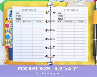 May include: A white printable debt tracker sheet with two columns, each labeled "DEBT TRACKER". The sheet is divided into sections for "DEBT", "STARTING BALANCE", "MINIMUM PAYMENT", "DATE", "AMOUNT PAID", and "BALANCE". The sheet is designed for a pocket-sized planner, measuring 3.2 inches by 4.7 inches.