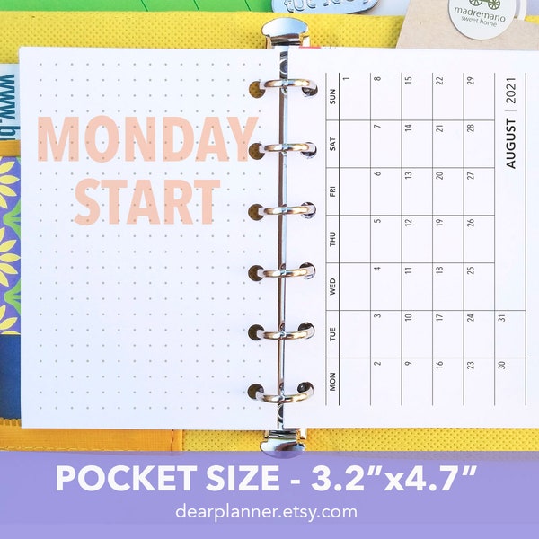 PRINTED Horizontal Month On 1 Page - MONDAY start - Choose up to 2024 - Mo1p Calendar - Pocket size Mo2P - K-59