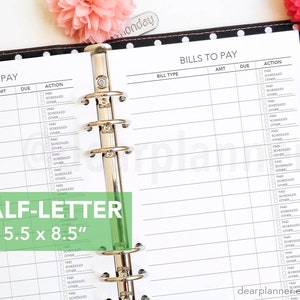 PRINTED bill tracker Bill payment checklist Bills planner insert Printed planner insert Half letter fits in A5 binders 05H image 1