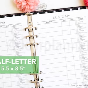 May include: A white printable planner page with a black and white polka dot background. The page is titled "Bills to Pay" and has columns for type, amount, due date, and action. The page is designed for a half-letter size planner, measuring 5.5 x 8.5 inches.