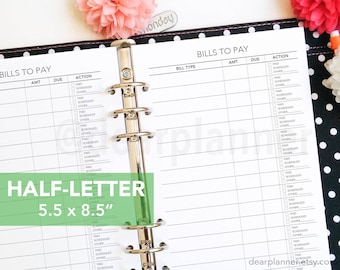 PRINTED bill tracker - Bill payment checklist - Bills planner insert - Printed planner insert - Half letter - fits in A5 binders - 05H