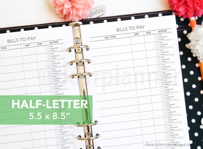 PRINTED bill tracker Bill payment checklist Bills planner insert Printed planner insert Half letter fits in A5 binders 05H image 1