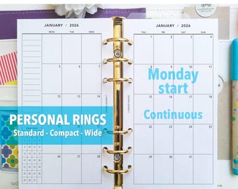 Calendario impreso mensual en 2 páginas - Hasta 2027 - Inicio en LUNES - Calendario Mo2p - Mensual continuo - Tamaños personal / ancho / compacto - P81