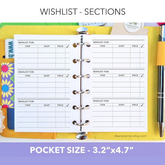 PRINTED Wishlist Tracker - Shopping Wishlist - Sections or General List - Pocket size insert - K-46