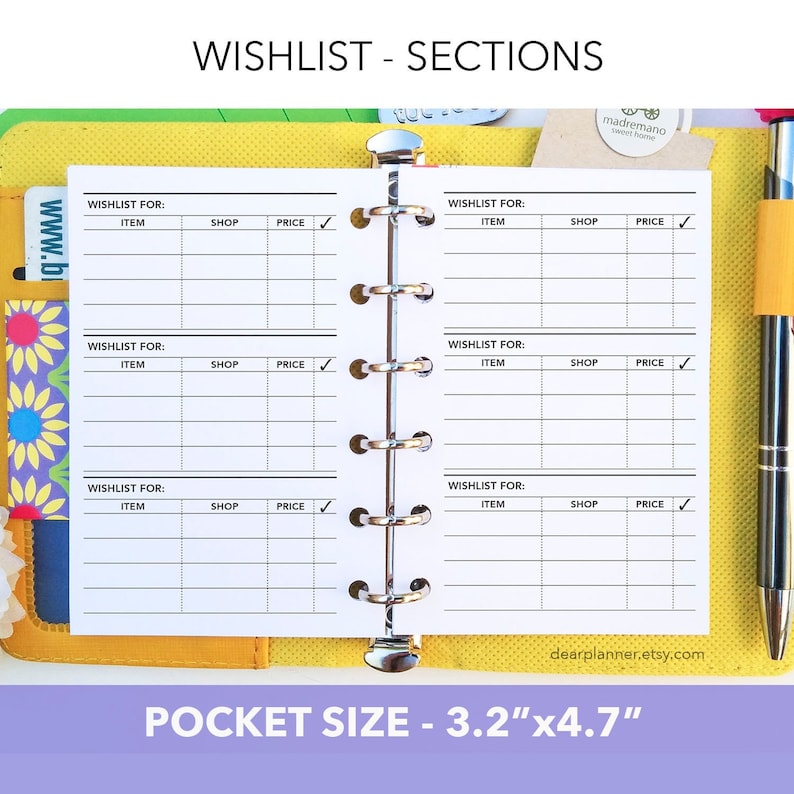 PRINTED Wishlist Tracker Shopping Wishlist Sections or General List Pocket size insert K-46 A: Wishlist Sections