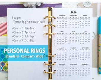 PRINTED Year at a glance calendar - Holidays page - Quarterly months - Personal / Franklin Compact / Wide - P45
