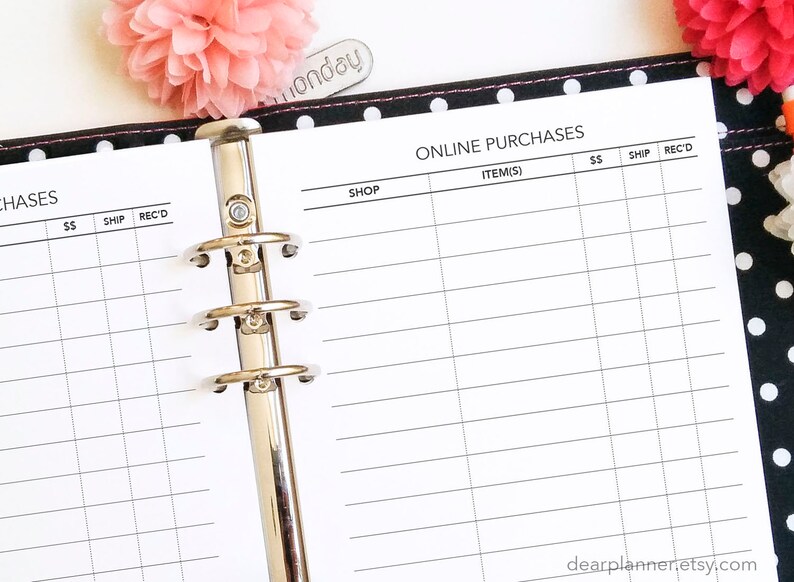 May include: A black and white planner with a polka dot cover and a silver binder. The planner has a page for tracking online purchases with columns for shop, items, price, shipping, and received.