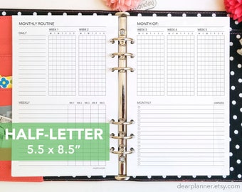 PRINTED Undated Month Routine Tracker - Daily Weekly Monthly Habit Checklist - Half letter refill fits A5 planner - 63H