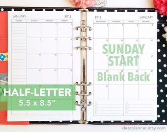 PRINTED Month on 2 pages - 2026 or 2027 - Mo2p Calendar - BLANK back/Separated Months - SUNDAY start - Half letter - 22HB