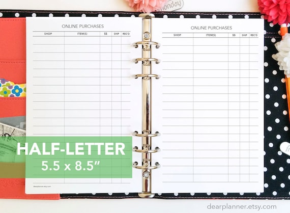 PRINTED Online Purchase Tracker - Order Tracker - Shopping List Insert - Half letter planner insert - 39H