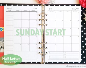 PRINTED Month on 2 page - SUNDAY start - Mo2p calendar - Dated up to December 2019 - Monthly planner insert - Half letter A5 insert - 22H