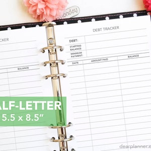 May include: A white debt tracker printable for a 5.5 x 8.5 inch half-letter size planner. The printable has columns for date, amount paid, and balance. The printable is designed to help track debt payments.