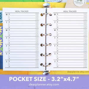 May include: A white meal tracker planner page with a black grid and the text "MEAL TRACKER" at the top. The planner is designed for a pocket-sized notebook, measuring 3.2 inches by 4.7 inches.