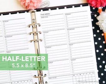 PRINTED Weekly To Do Insert - Undated Weekly Productivity Tracker - Wo1P Week on 1 Page - Half letter fits A5 binder - 64H