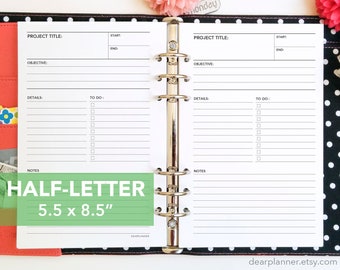 PRINTED Project Plans Insert - Productivity Tracker - Project Progress Log - Half letter fits A5 planners - 54H