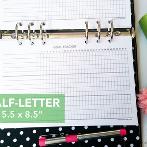 May include: A white goal tracker printable with a grid pattern and numbered columns. The printable is labeled "GOAL TRACKER" and is 5.5 inches by 8.5 inches.