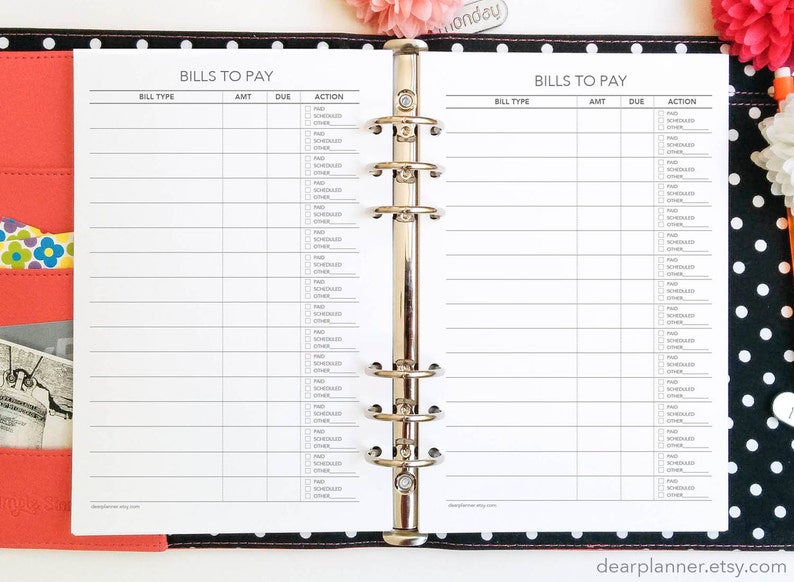 PRINTED bill tracker Bill payment checklist Bills planner insert Printed planner insert Half letter fits in A5 binders 05H image 4