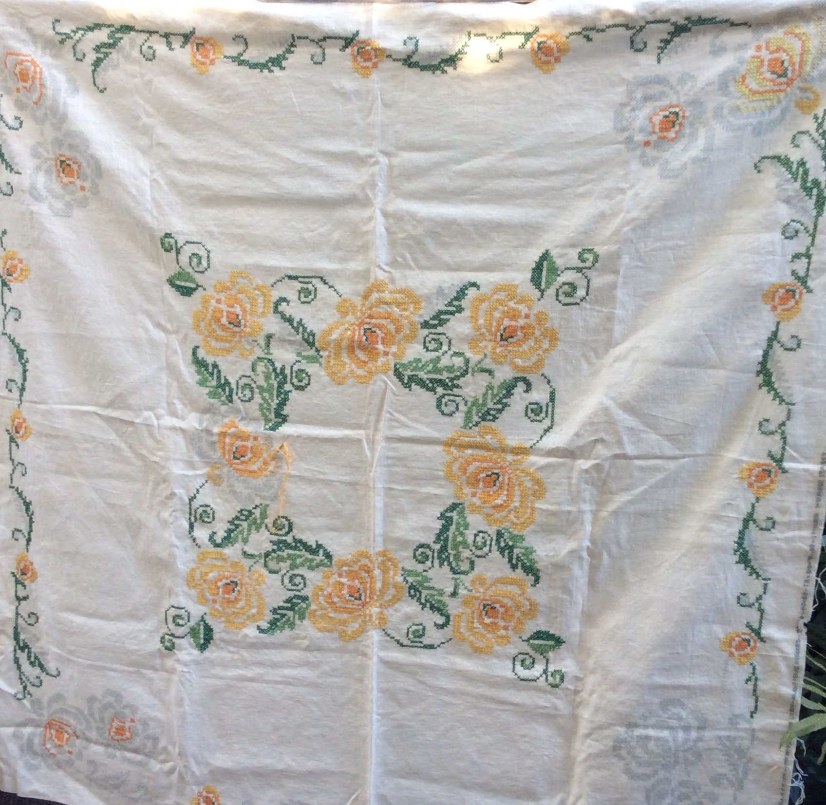Bucilla Stamped Needlework Chrysanthemum Pure Linen Tablecloth Etsy