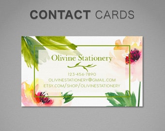 Printed Personalized Business Card, Watercolor, Custom Business Card, Calling Card, Contact Card, Watercolor Flower Green Leaves