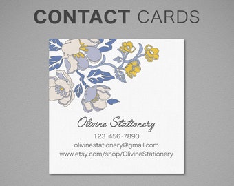 Printed Personalized Business Card, Square Custom Business Card, Calling Card, Contact Card, Watercolor, Stylized Blue & Yellow Flower Print