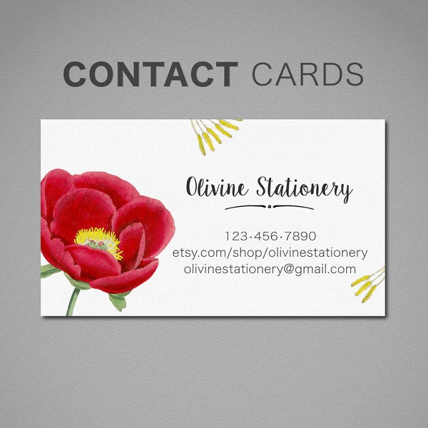 Printed Personalized Business Card, Custom Business Card, Square Calling Card, Contact Card, Watercolor, Red Peony Cavallini Style