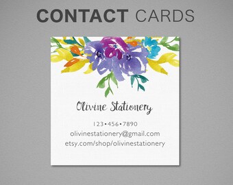 Printed Personalized Square Business Card, 1 or 2 sided Custom Square Business Card, Calling Card, Contact Card, Watercolor Blossoms