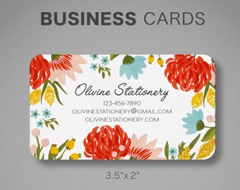 Printed Personalized Business Card, Custom Business Card, Calling Card, Contact Card, Red, Pink, Blue, Yellow Summer Flowers