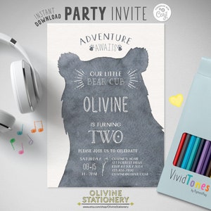 Modelo de convite de aniversário de filhote de urso, convite de aniversário em aquarela, convite para impressão, DOWNLOAD INSTANTÂNEO, arquivo digital editável, cartão Corjl
