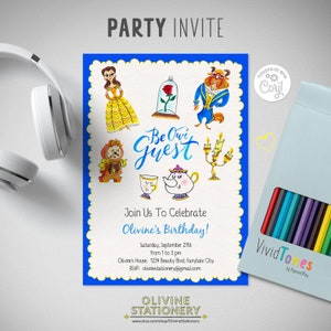 Modello di invito di compleanno "La Bella e la Bestia", invito di compleanno Disney, primo compleanno, invito stampabile, digitale modificabile, Corjl