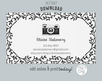 Tarjeta de presentación para fotógrafos / Plantilla editable de Corjl / Tarjeta de contacto para cámara con código QR / Imagen de marca imprimible