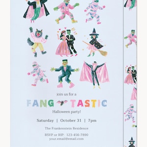 May include: A light blue Halloween party invitation featuring colorful illustrations of a vampire, mummy, werewolf, witch, and Frankenstein's monster. The text reads: join us for a FANG-TASTIC Halloween party! Saturday | October 31 | 7pm.