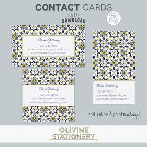 May include: Contact cards with a blue, yellow, and white floral pattern. The cards include the text "Olivine Stationery" and contact information. The words "Contact Cards" and "Digital Download" are at the top. The bottom of the image says "edit online & print today!"