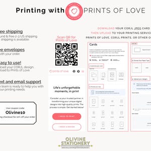 May include: An informational graphic for Prints of Love featuring a QR code, a mobile interface preview, and a step-by-step guide for uploading card designs. It includes text about printing services, a 10% off coupon code Olivine10, and Olivine Stationery branding.