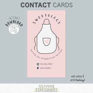 May include: Pink contact card with the text "CONTACT CARDS" at the top. The card features a white apron graphic with a pink heart on the pocket. The text "SWEETOLOGY" is above the apron, and "Serving Joy, Straight From the Oven" is below. Includes a phone number and location.