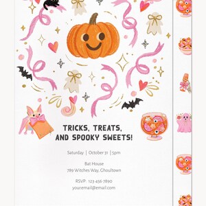 May include: A Halloween party invitation featuring a central orange pumpkin, pink ribbons, black bats, ghosts, and a bat holding a treat bag. Text reads: TRICKS, TREATS, AND SPOOKY SWEETS! Saturday | October 31 | 5pm Bat House 789 Witches Way, Ghoultown RSVP: 123-456-7890 your.email@email.com