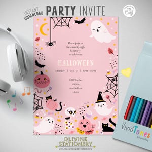 May include: A pink Halloween party invitation featuring illustrations of ghosts, black cats, pumpkins, spider webs, bats, and candy. The text reads: Please join us for a terrifyingly fun party to celebrate HALLOWEEN, saturday, oct. 31, 6pm-10pm, RSVP by date, address, email address, phone.