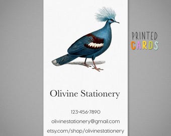 Watercolor Blue Bird Business Card, Printed Cards, Personalized Contact Card, Audubon Goura Bird