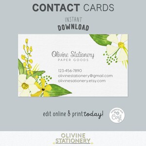 Yellow Cream Flowers Business Card | Editable Corjl Template | Floral Contact Card | QR Code Business Branding
