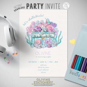 Meerjungfrau Schatz Geburtstagseinladung Vorlage, Magische Märchen Geburtstagseinladung, Printable Invite, INSTANT DOWNLOAD, Corjl