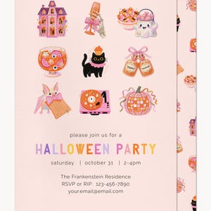 May include: A light pink Halloween party invitation featuring illustrations of a haunted house, a skeleton hand with a glass, a ghost with candy, a punch bowl, a black cat, potion bottles, a bat, a record player, and a pumpkin disco ball.
