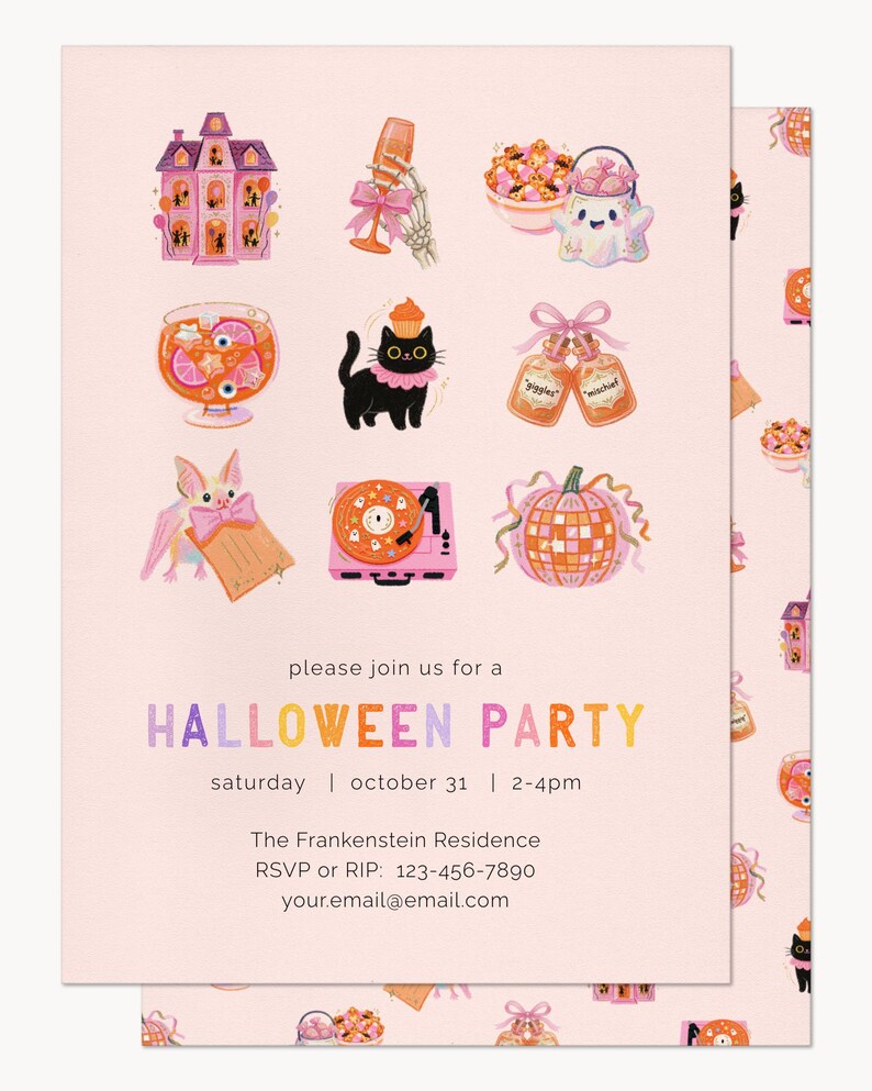 May include: A light pink Halloween party invitation featuring illustrations of a haunted house, a skeleton hand with a glass, a ghost with candy, a punch bowl, a black cat, potion bottles, a bat, a record player, and a pumpkin disco ball.