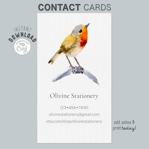 Cartões de visita Sweet Bird, aquarela, cartões minimalistas, download digital, cartões editáveis, natureza, cartão de visita quadrado