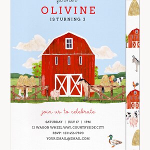 Pode incluir: Um convite de aniversário com tema de fazenda apresentando um celeiro vermelho, um porco, um cavalo e fardos de feno sob um céu azul. O texto diz: farmer OLIVINE IS TURNING 3, join us to celebrate, SATURDAY | JULY 17 | 1PM, 12 WAGON WHEEL WAY, COUNTRYSIDE CITY, RSVP: 123-456-7890, YOUR.EMAIL@EMAIL.COM.