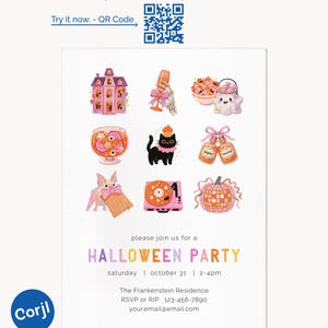 May include: An editable 5x7 inch Halloween party invitation template featuring a grid of nine illustrations including a haunted house, skeleton hand with a champagne flute, ghost with candy, eyeball punch, black cat, potion bottles, bat, record player, and disco pumpkin.