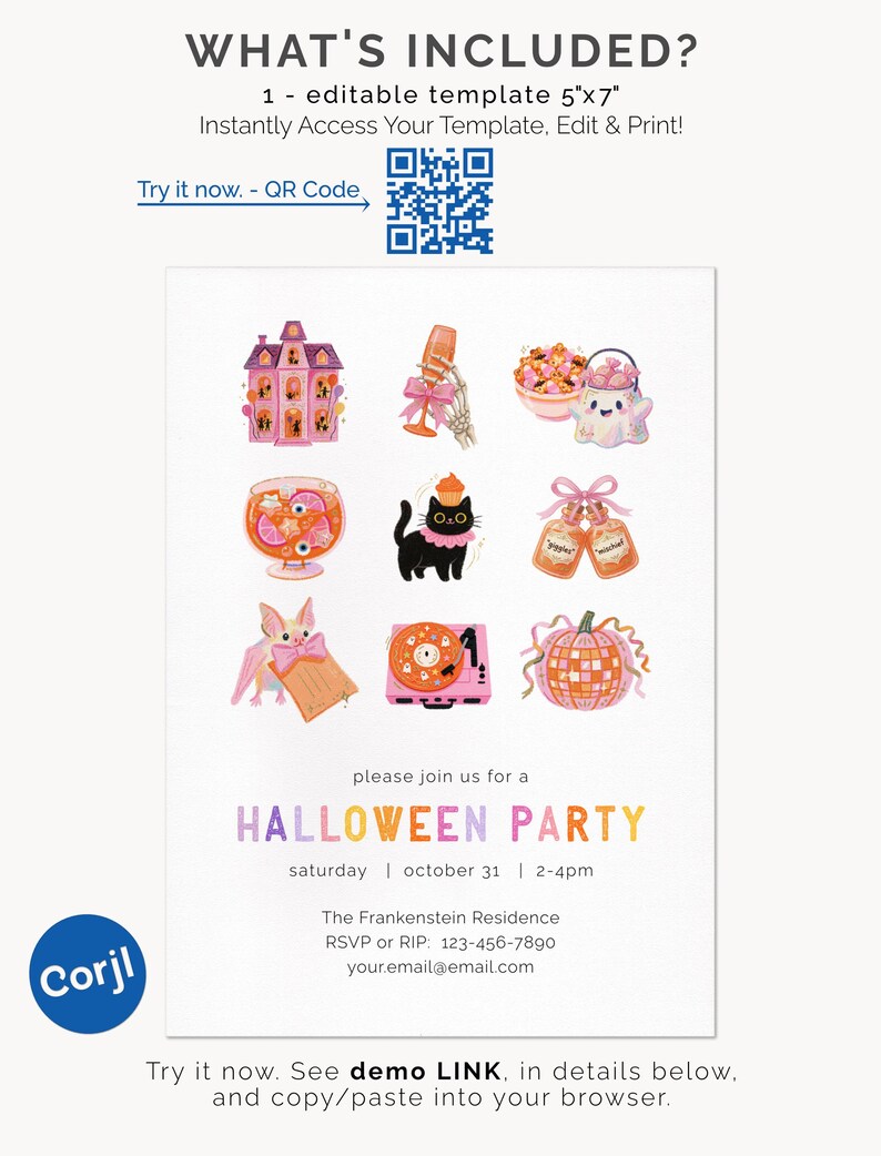 May include: An editable 5x7 inch Halloween party invitation template featuring a grid of nine illustrations including a haunted house, skeleton hand with a champagne flute, ghost with candy, eyeball punch, black cat, potion bottles, bat, record player, and disco pumpkin.