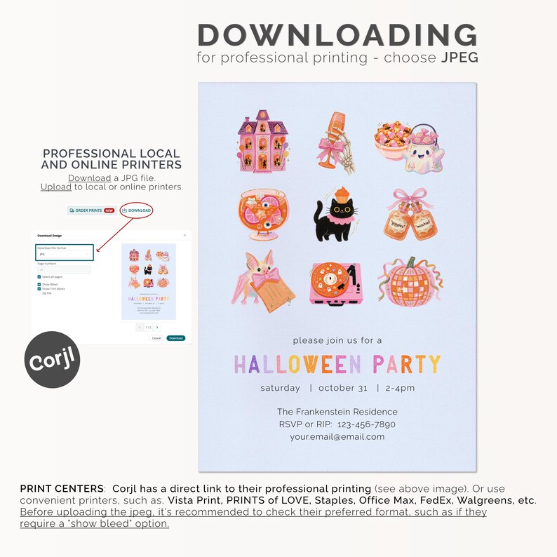 May include: A digital Halloween party invitation template featuring a light blue background with illustrations of a haunted house, skeleton hand with a glass, ghost, punch bowl, black cat, potion bottles, bat, record player, and disco pumpkin.